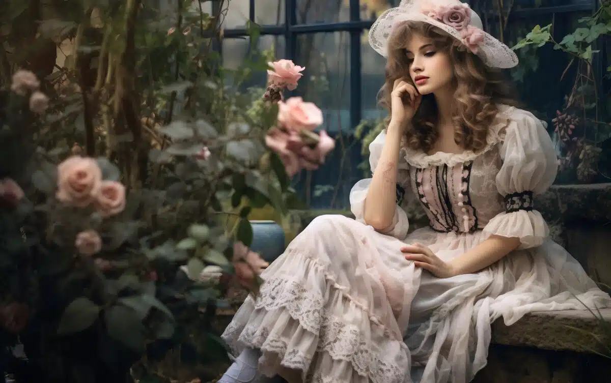 young beautiful woman in white vintage dress sitting in deep thoughts in old mysterious garden