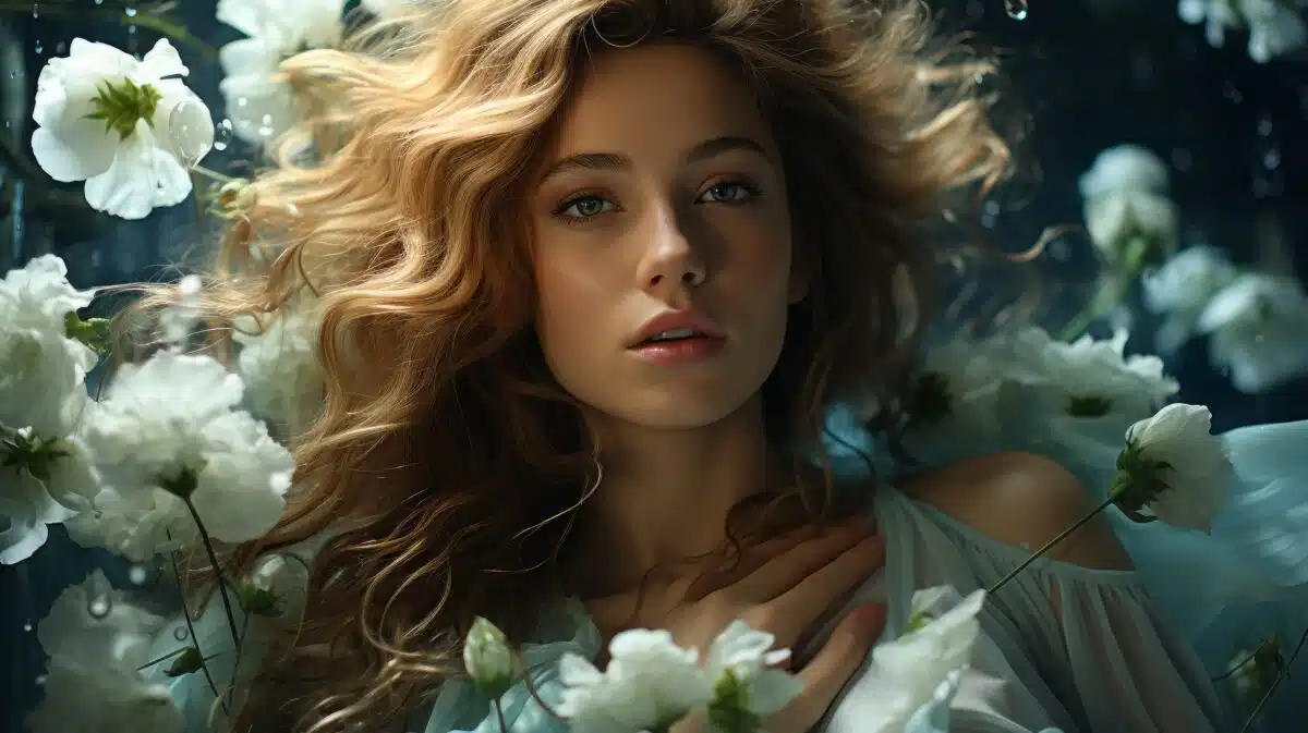 a stunning woman with white flowers in a surreal fantasy scene