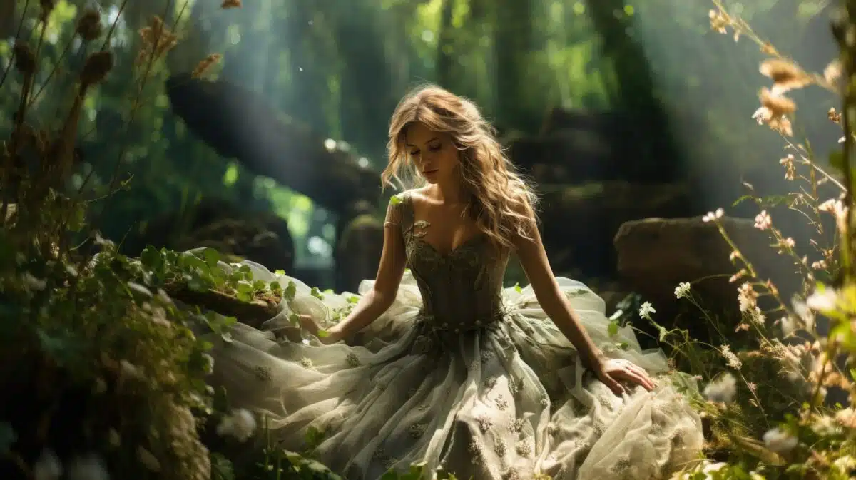 a pretty blonde lady in an elegant white dress sitting in the mysterious woods