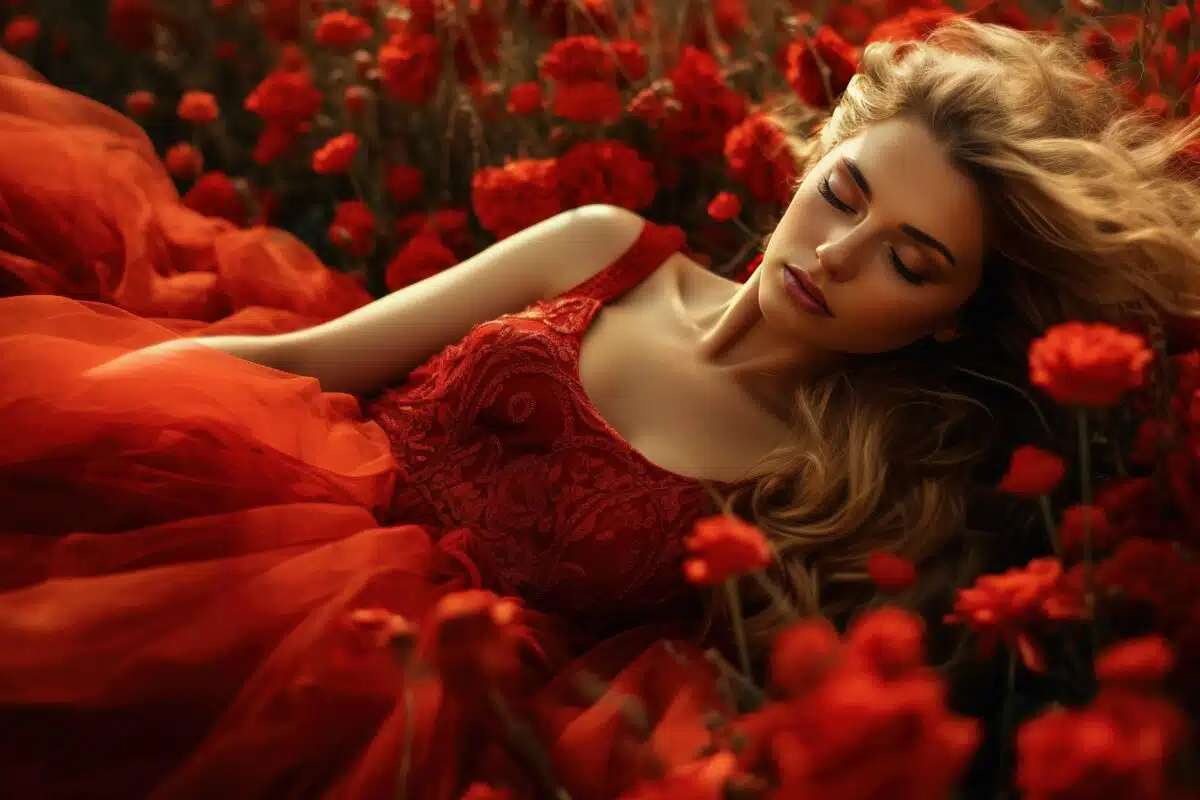 a stunning lady in a red dress is sleeping on a bed of roses