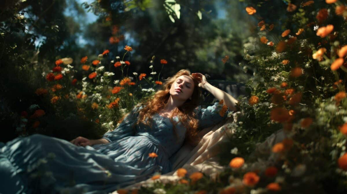 a beautiful ginger woman wearing an elegant dress laying and sleeping in the grass