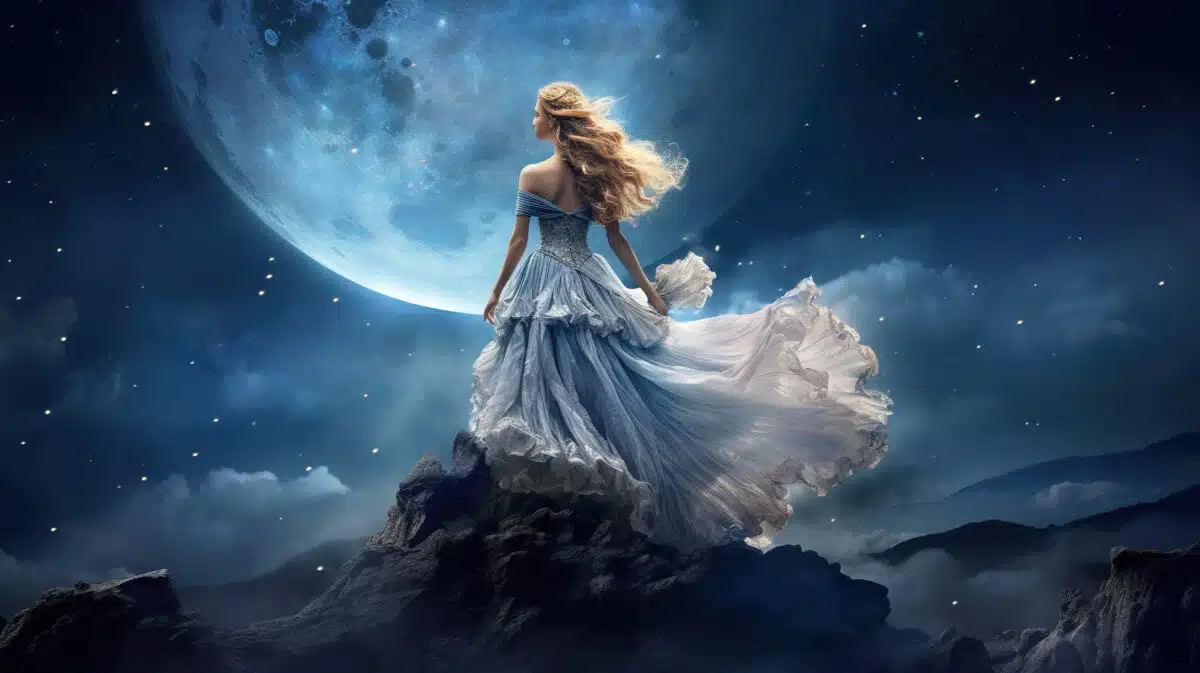 a celestial beauty with luminous fluttering dress adorned with stars and the big pale moon hovers in the night sky