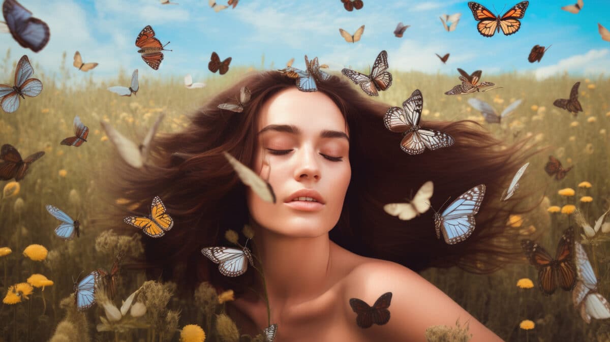 a woman with flowers and butterfly, surreal encounter between a woman and butterflies flying in nature