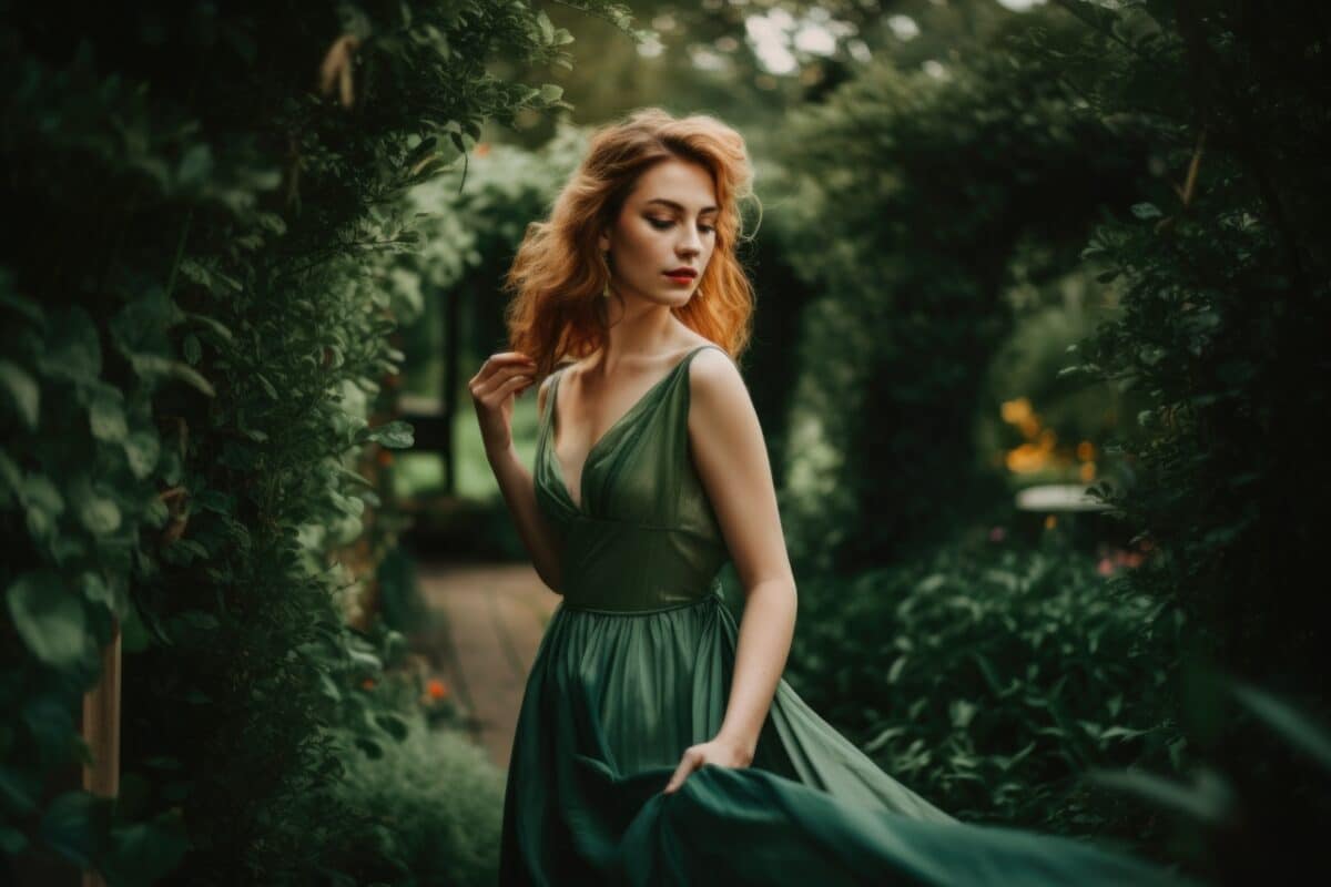 a mesmerizing woman in a green dress standing in a garden