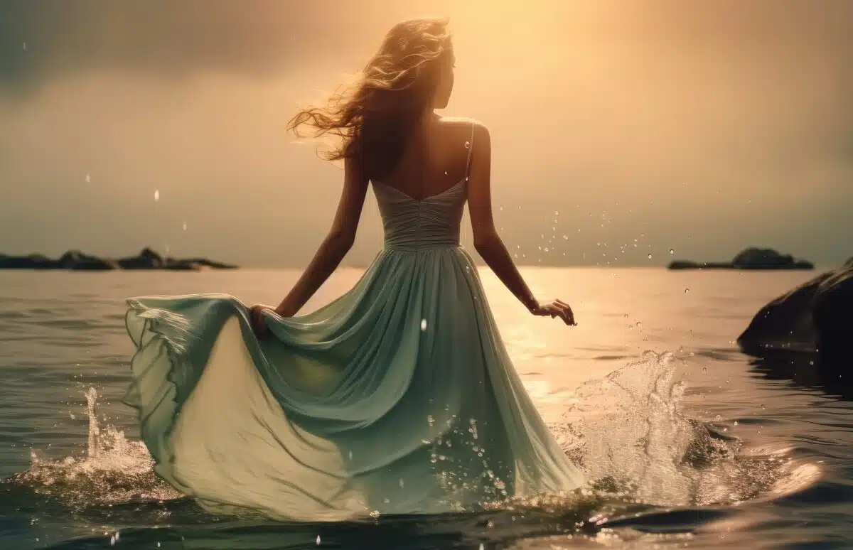 rear view of a melancholic woman wearing long flowing beautiful dress in water