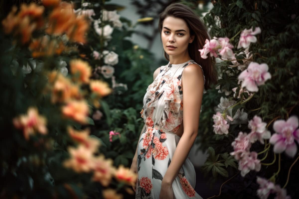 an elegant lady in a blooming garden surrounded by vibrant flowers, with a confident gaze and a flowing dress