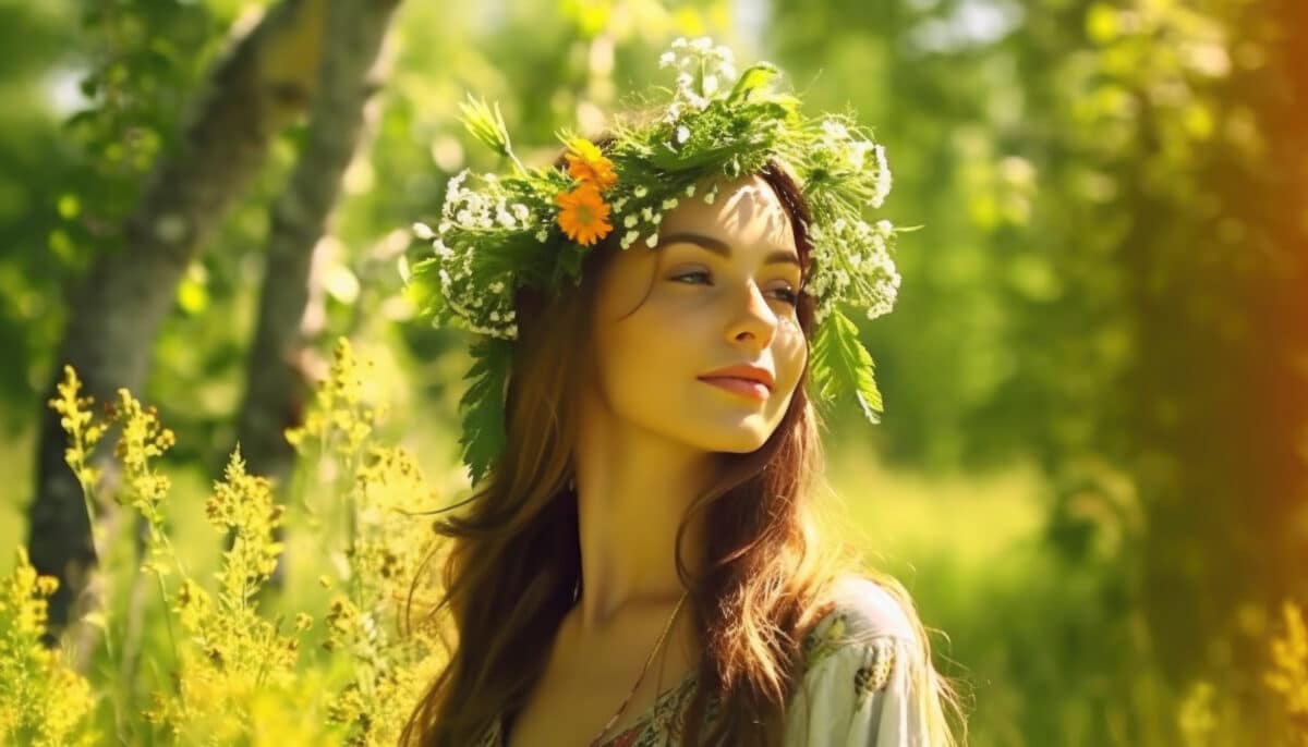 a beautiful girl with wildflowers in the midsummer sun 