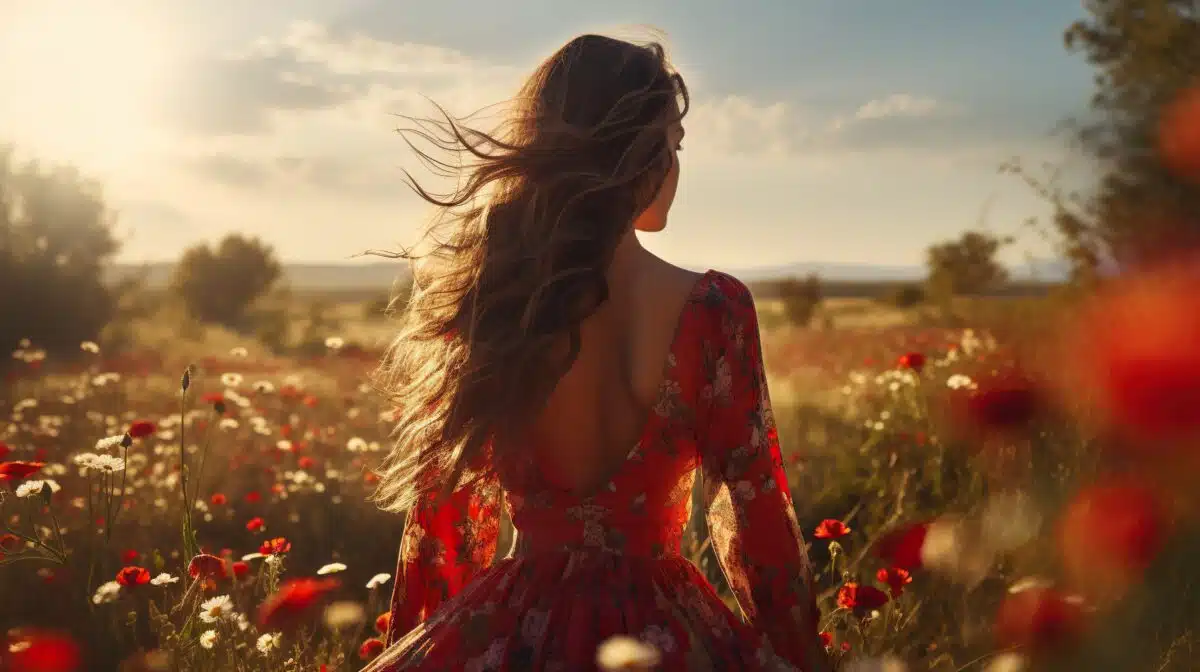 a young woman in a red dress enjoying summer freedom in the flower field at sunrise