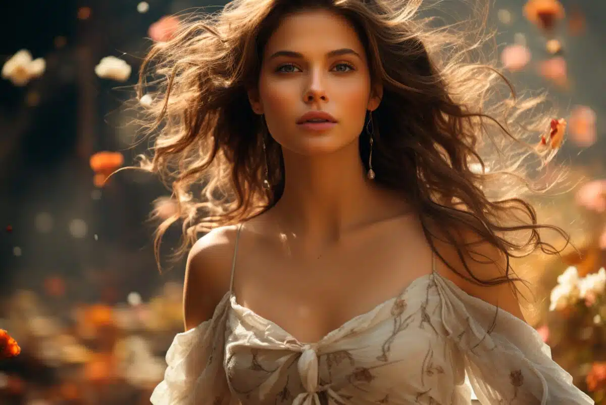 a sensual brunette lady with hair fluttering in the wind