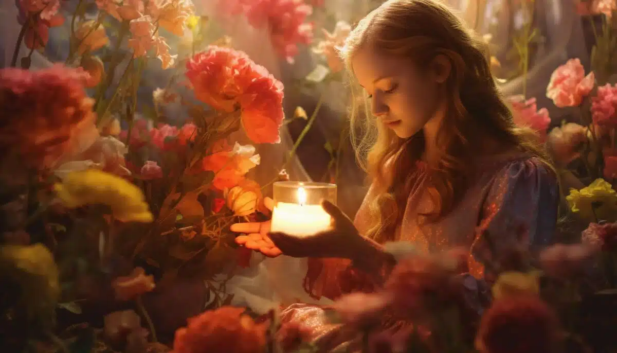 a beautiful girl holding a lit candle surrounded with flowers