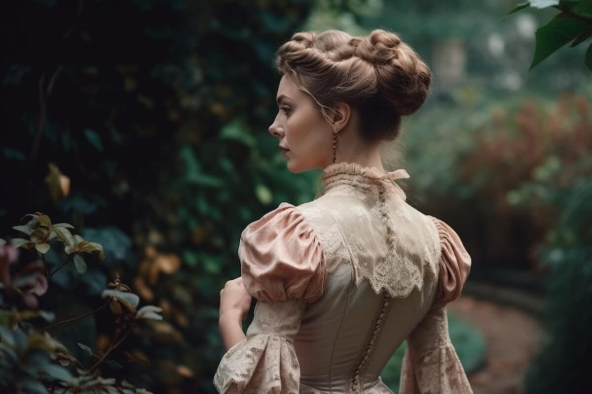 a melancholic woman in vintage Victorian era dress stands in spring time garden