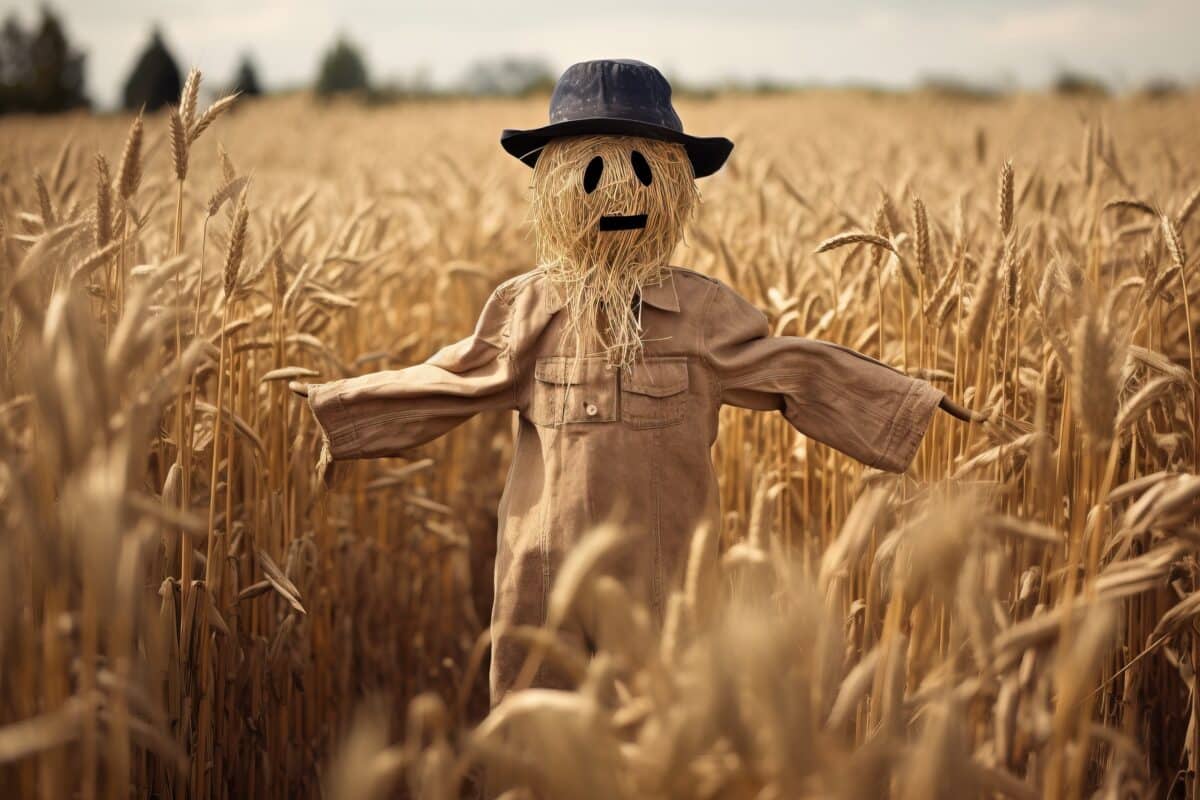 A scarecrow standing in a field of wheat
