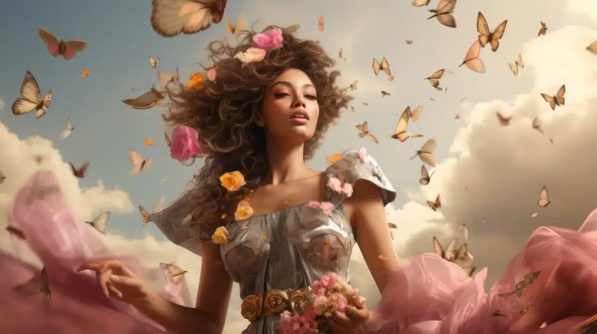 a beautiful woman surrounded with many butterflies