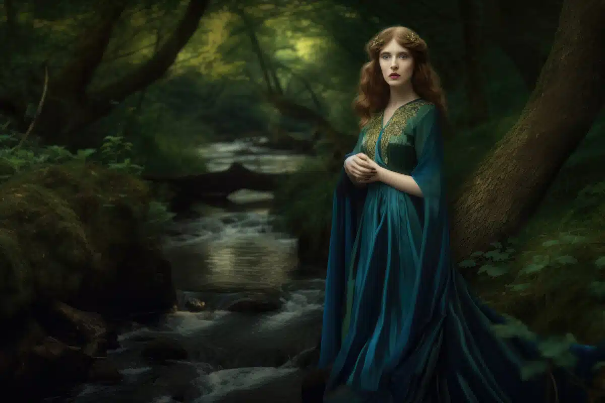 a woman with bright, piercing eyes, wearing a long gown in shades of blue and green, surrounded by a lush forest and a stream