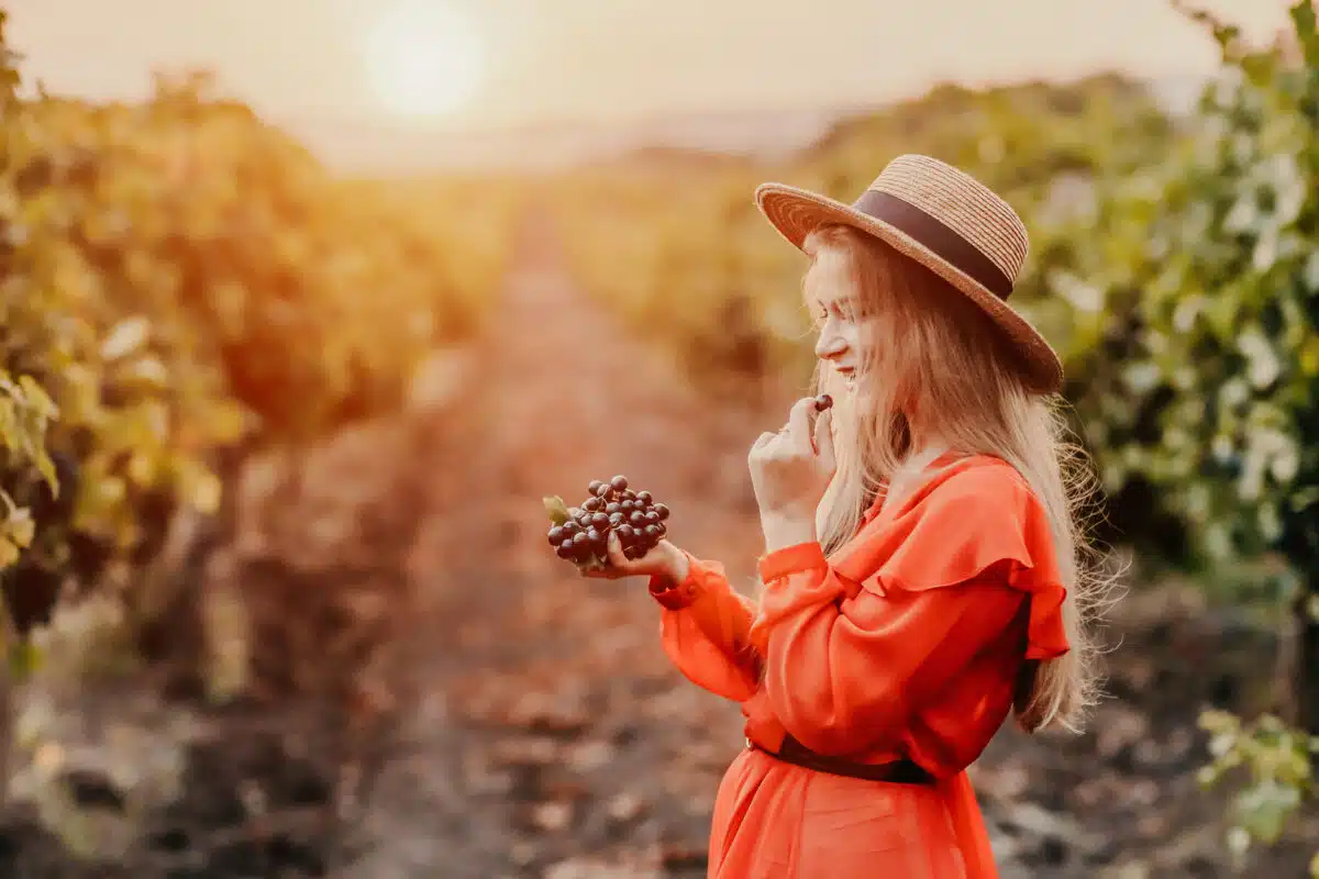 a happy lady in summer grape vineyard at sunset