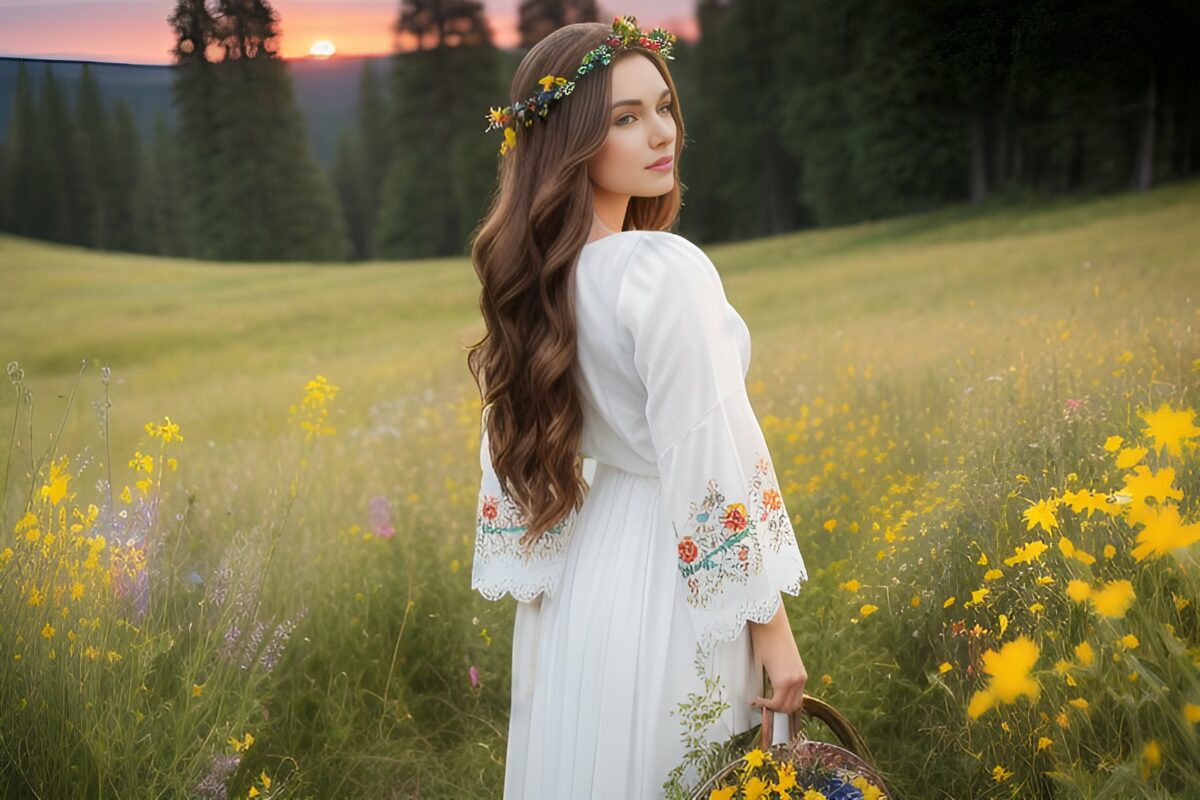 A long haired lady in a wreath walks across the meadow towards the sun