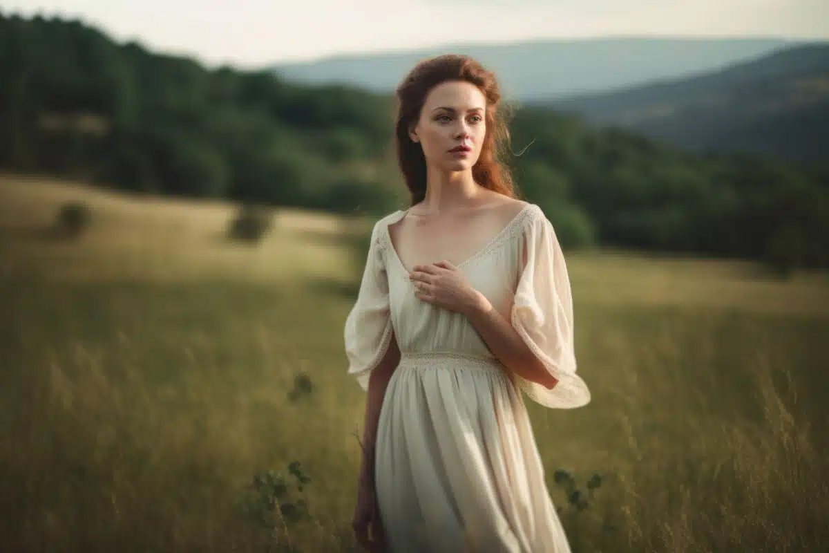 a woman with a soft dress and contemplative expression in a romantic countryside