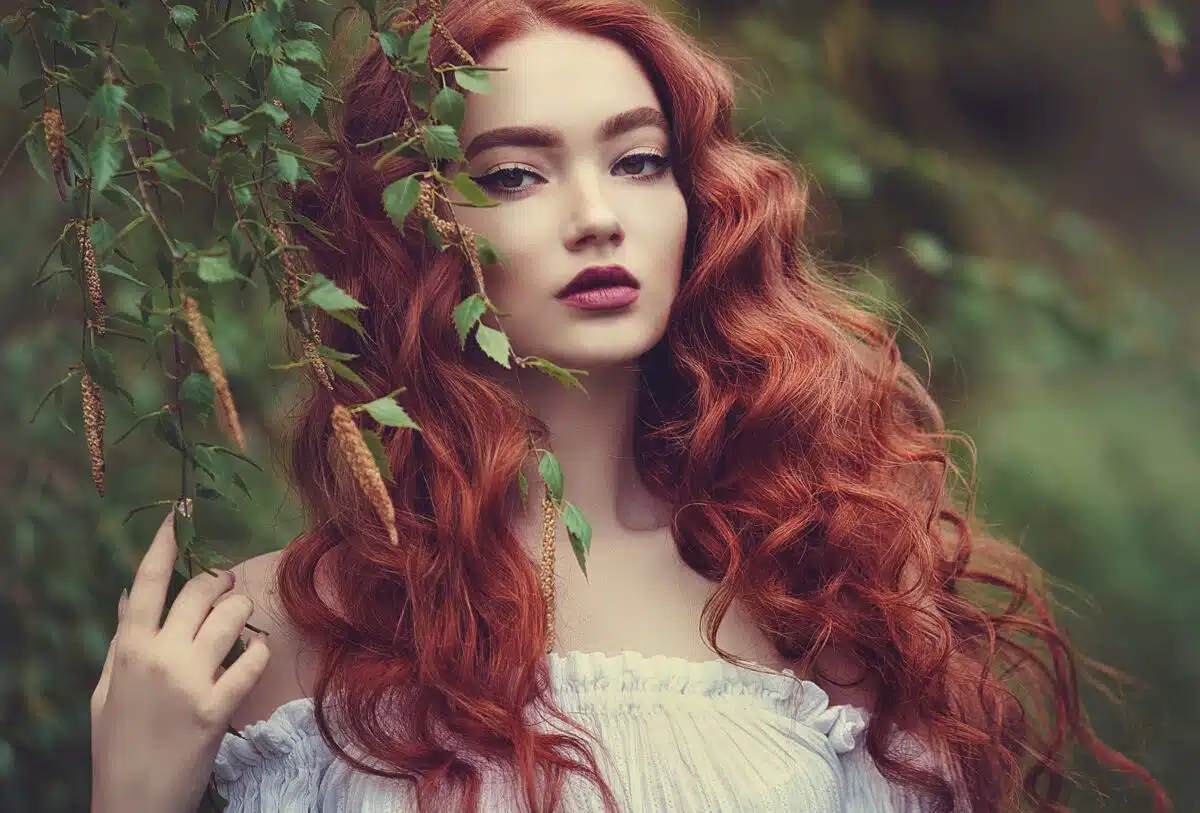 a mysterious and enchanting red haired woman in the woods