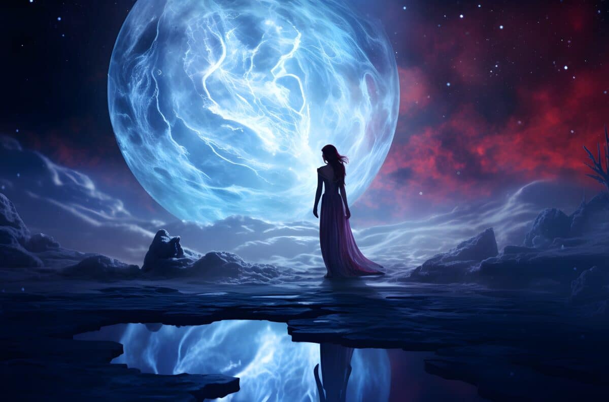 a mysterious moon maiden in an icy wonderland under the northern lights