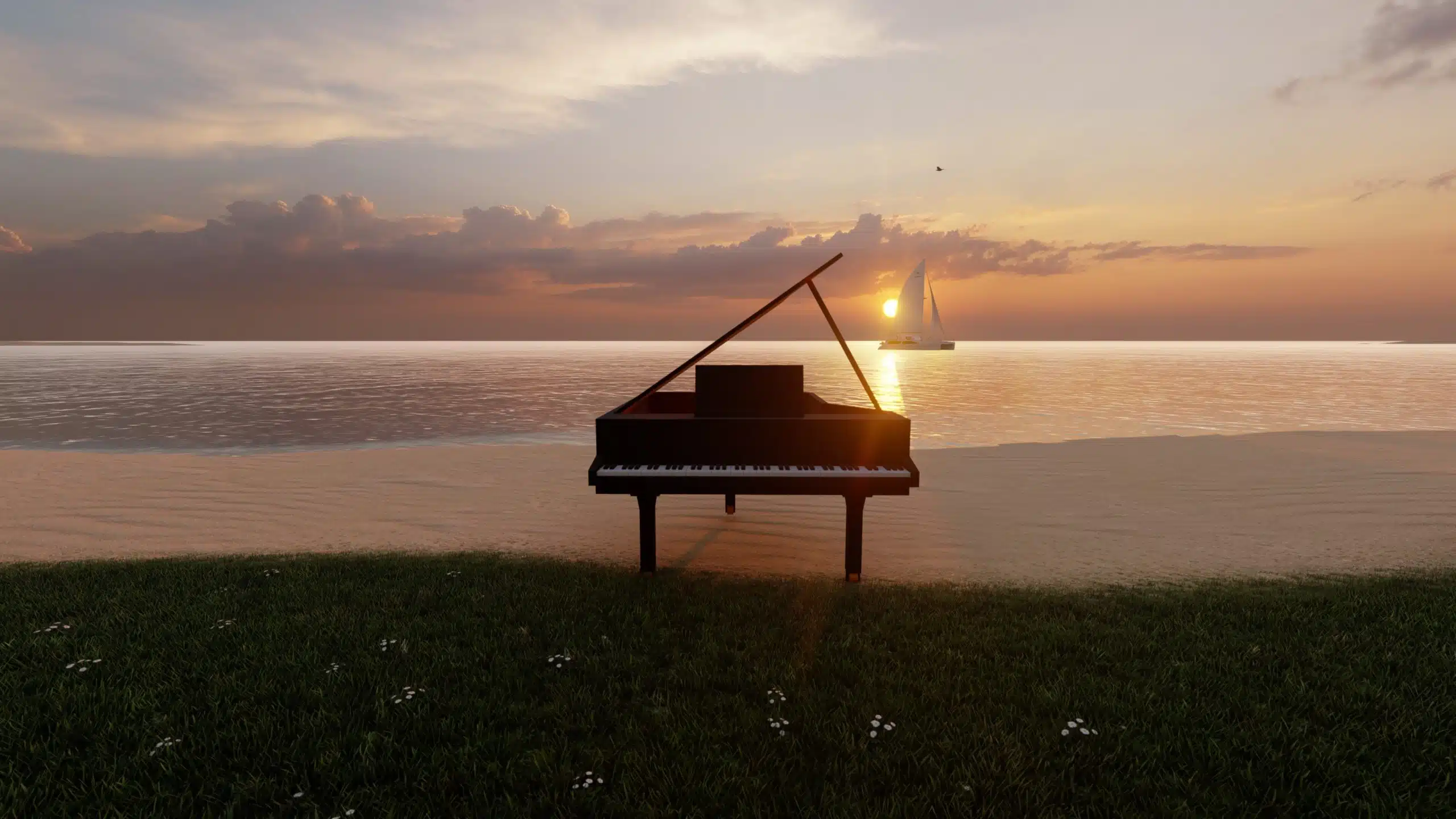 Grand piano outdoors with nature at sunset.