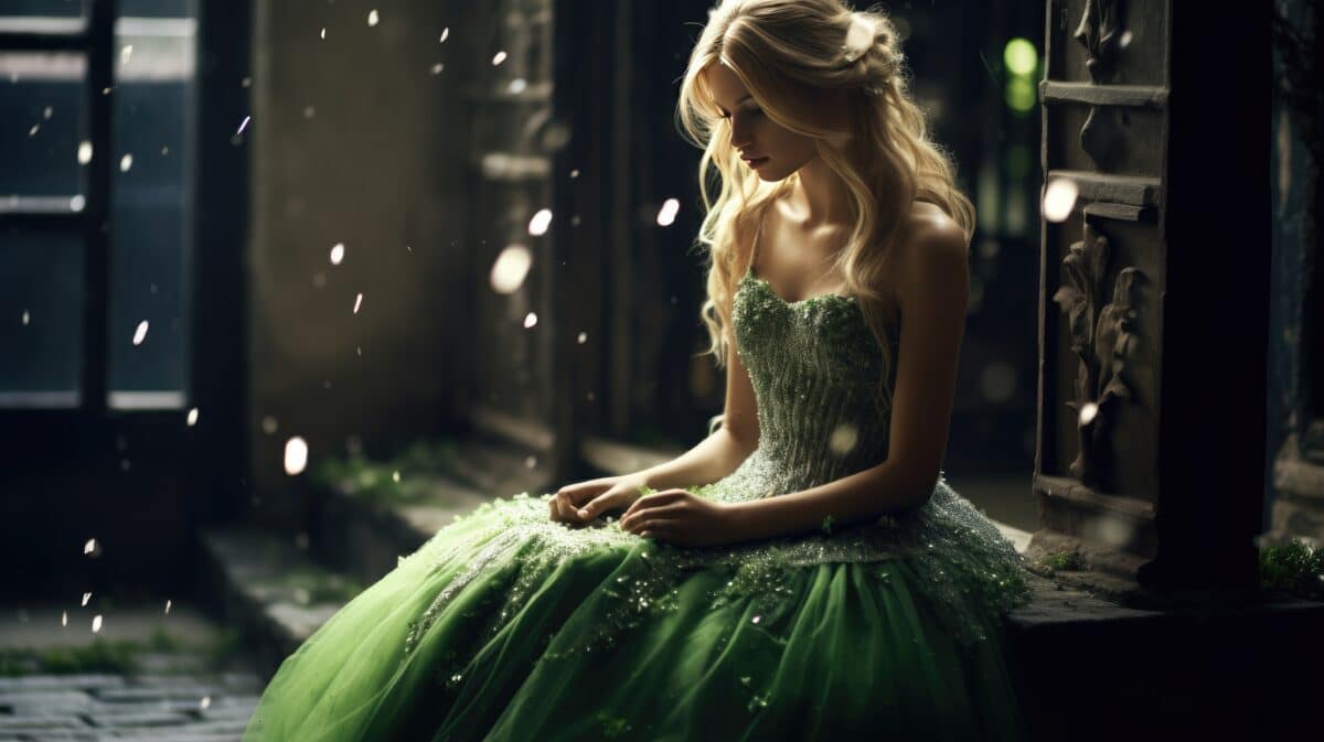 Beautiful princess in flowing green gown in the palace
