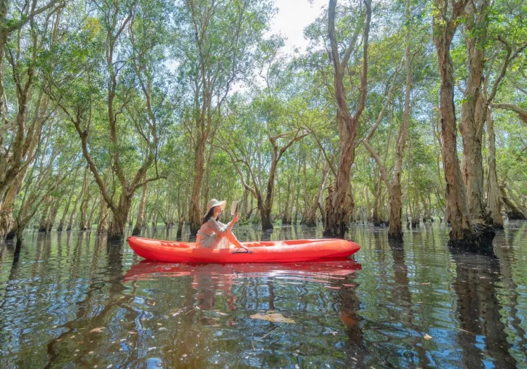 Woman reading a book in a red kayak on the forest river.