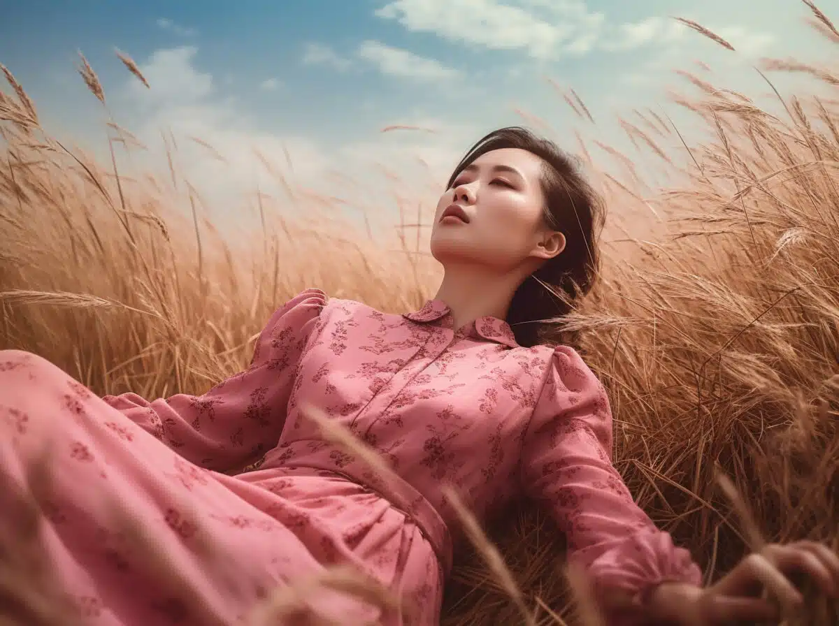 a woman in a pink dress lying in a lush field of wheat