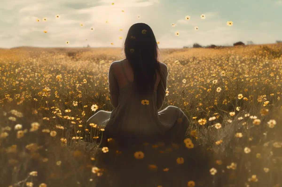a sad woman sitting in a field of flowers at sunset
